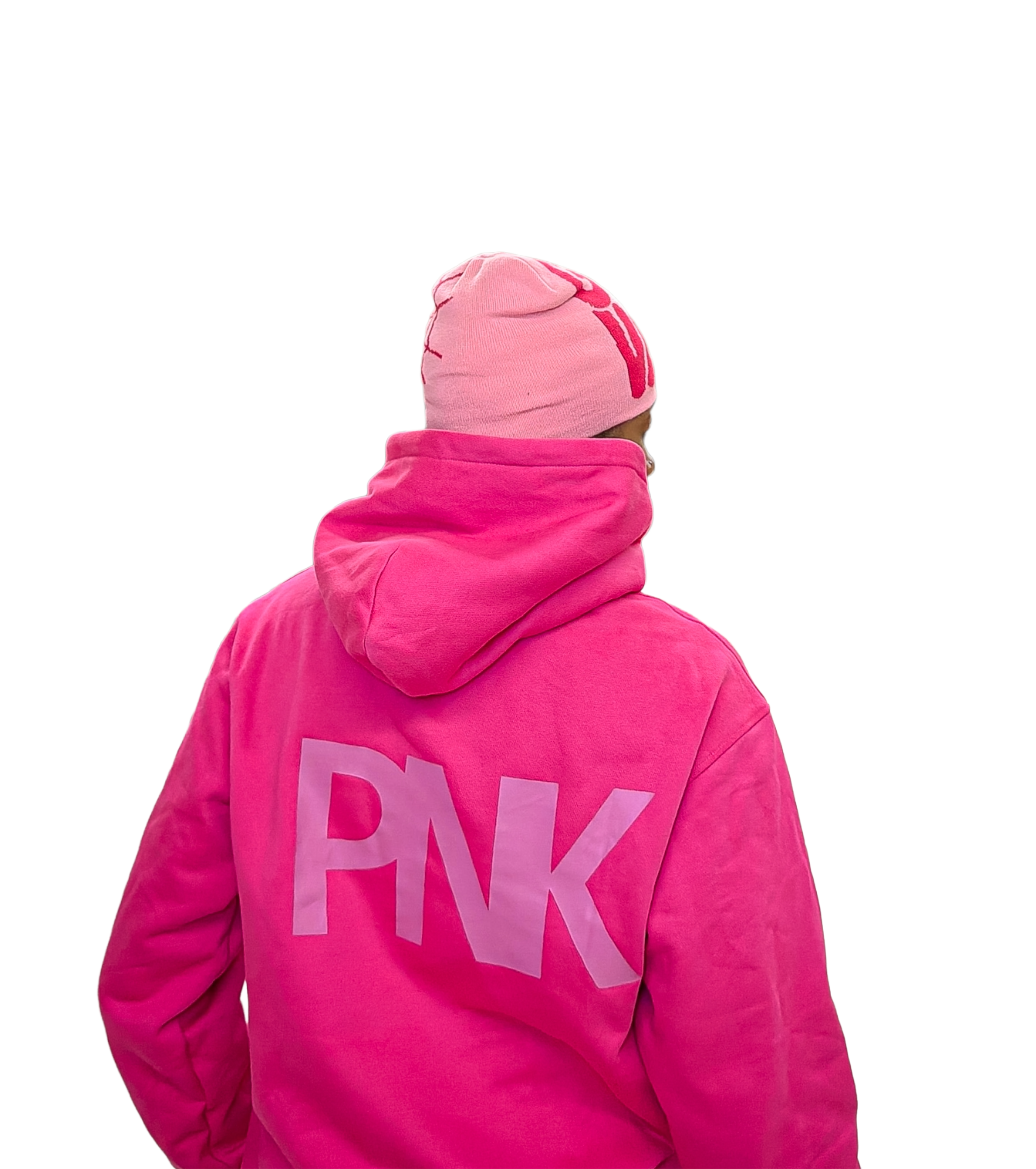 Person wearing a bright pink hoodie with 'PNK' on the back against a white background