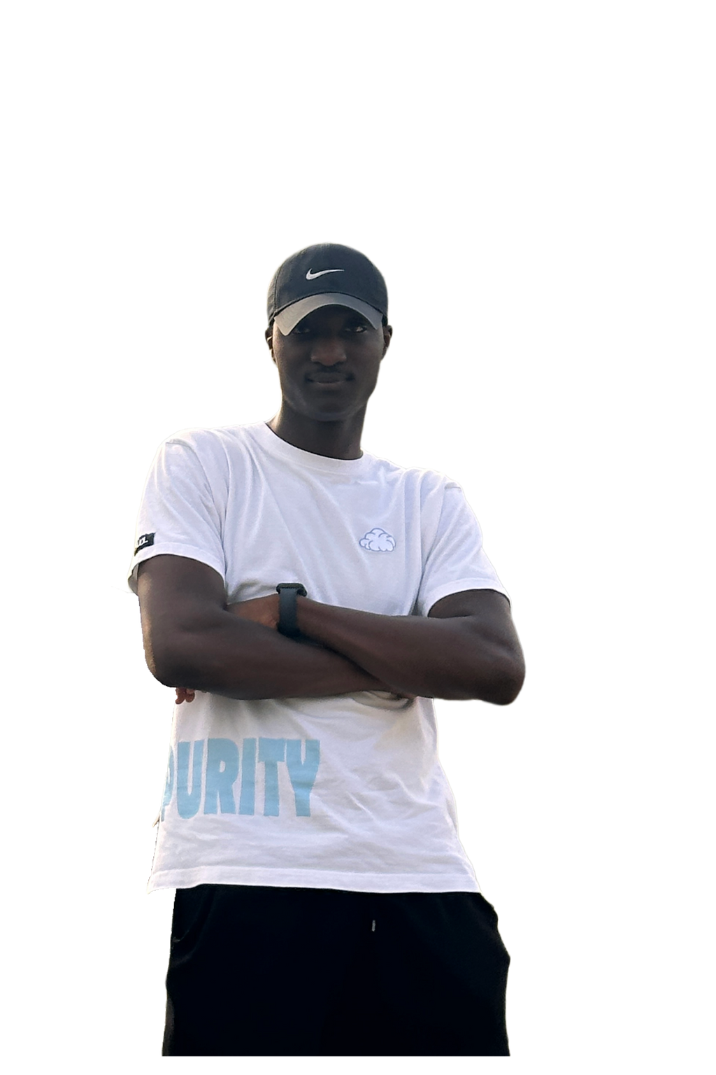 Person wearing a white t-shirt with 'PURITY' text and a black cap on a white background
